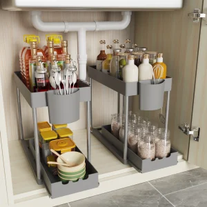2Pcs 2-Tier Sliding Cabinet Organizer