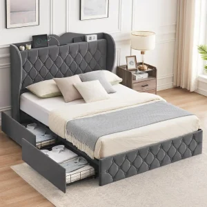 Bed Frame w/ 4 Storage Drawers & Charging Station