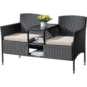 Loveseat Wicker 2-Seat with Built-in Table